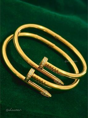 Set of 2 Nail Bangle Bracelet 18k Gold Plated Unisex CZ Pave